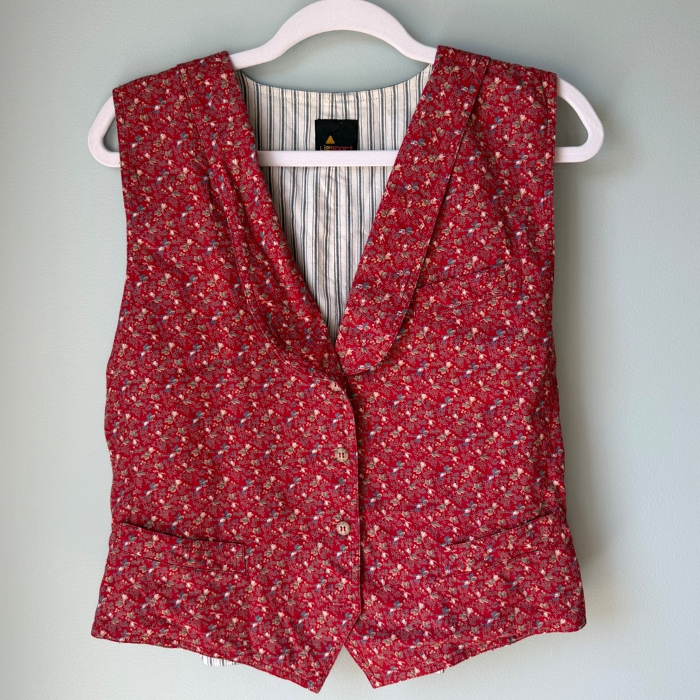 Vintage‎ Liz Claiborne Sport Vest Maroon Ditsy Floral Print Adjustable Medium